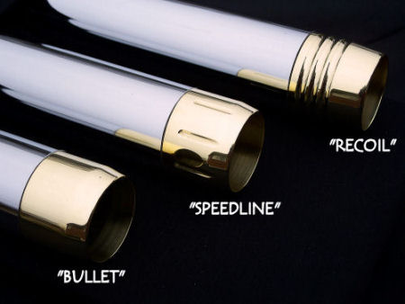 DeVille Cycles solid brass exhaust tips for 1.75 inch pipes. Available in Bullet, Recoil and Speedline designs.
