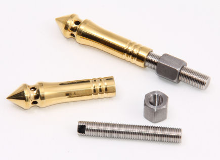 Custom axle adjusters made from corrosion resistant stainless steel. The covers are machined from solid brass.