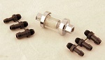 Re-usable in line fuel filter with clear glass body and interchangeable fule line hose barbs.