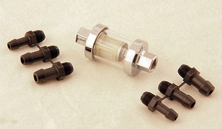 In-line fuel filter comes with 1/4 inch, 5/16 inch and 3/8 inch hose barbs for a wide range of petcock and fuel line sizes.