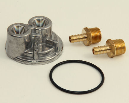 DeVille Spin-On Oil Filter Relocation Adapter includes two brass hose barbs.