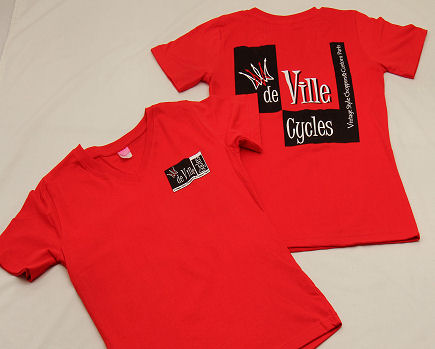 High quality, 100% cotton DeVille Cycles women's v-neck shirts available here in sizes Small through Large.